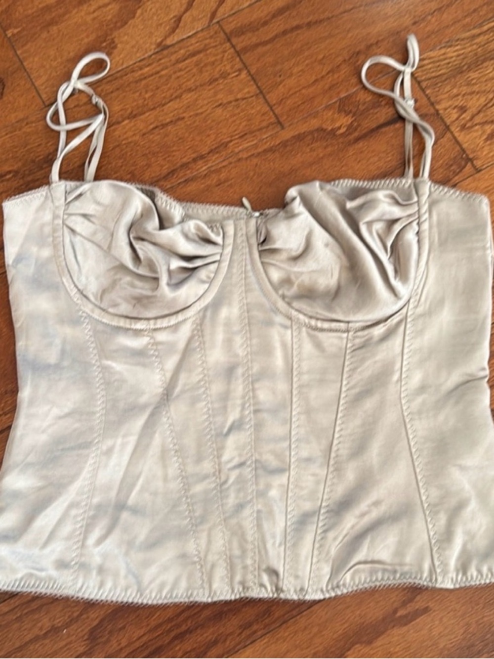 Beige Satin Corset-Style Bodysuit Top